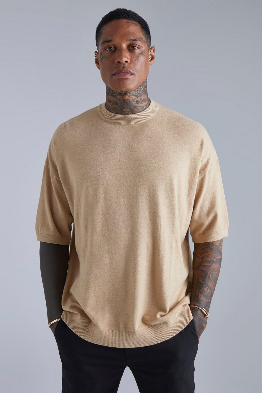 T-shirt oversize Basic in maglia con girocollo esteso, Camel beige
