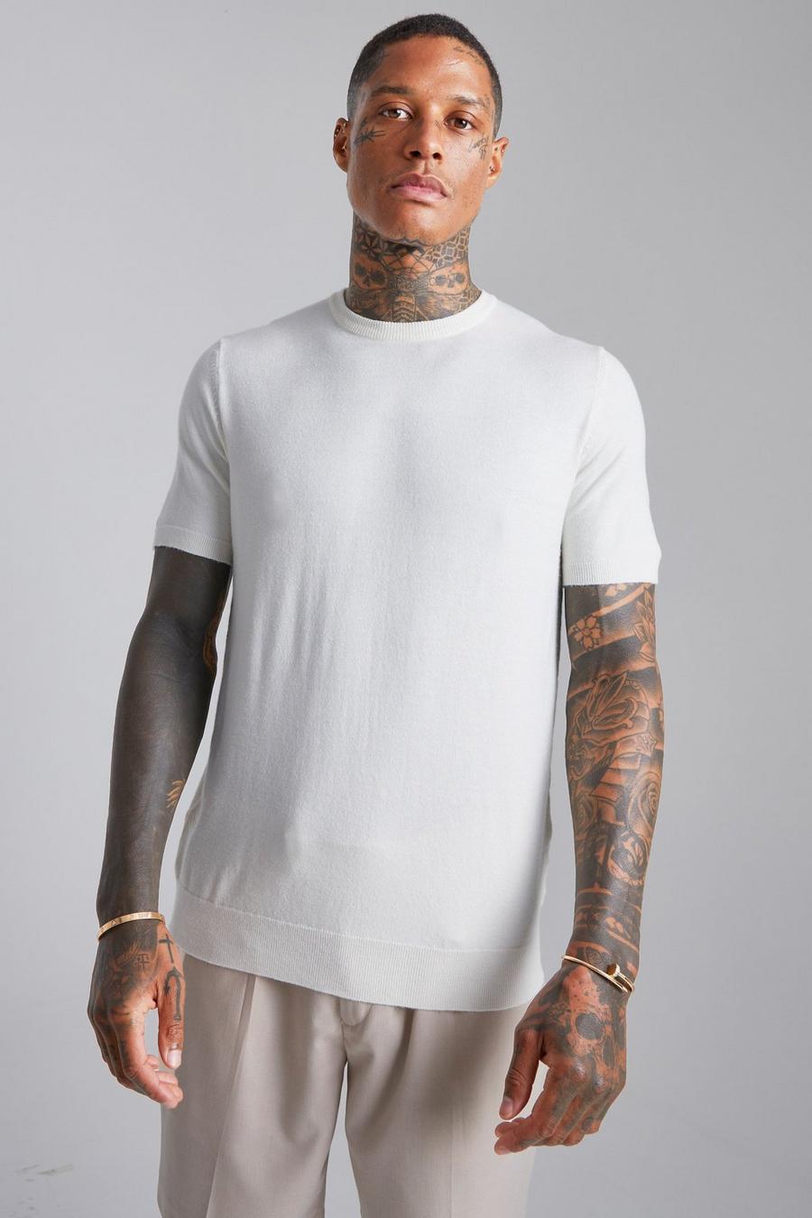 T-shirt Basic in maglia, Cream bianco