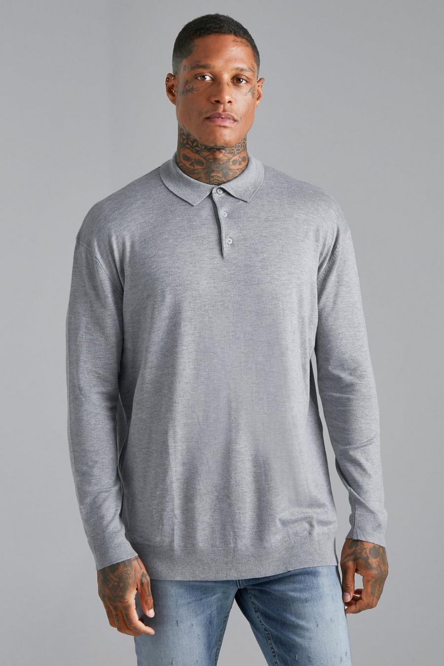 Grey marl gris Oversized Long Sleeve Polo image number 1
