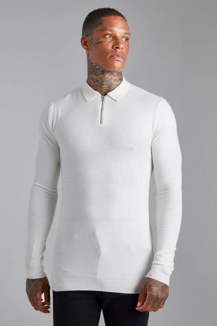 Cream white Muscle Long Sleeve Half Zip Polo image number 1