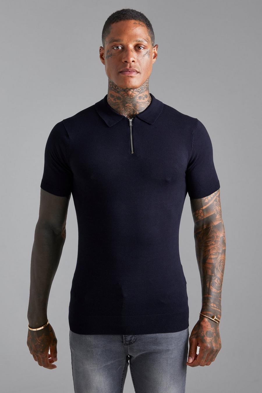 Navy Muscle Short Sleeve Half Zip Polo image number 1