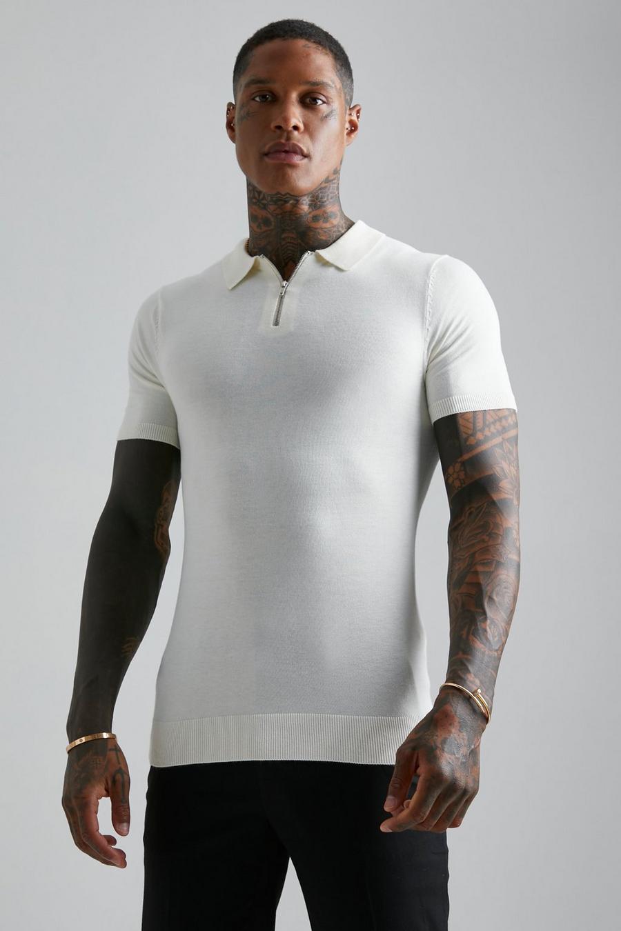 Cream Muscle Short Sleeve Half Zip Polo image number 1