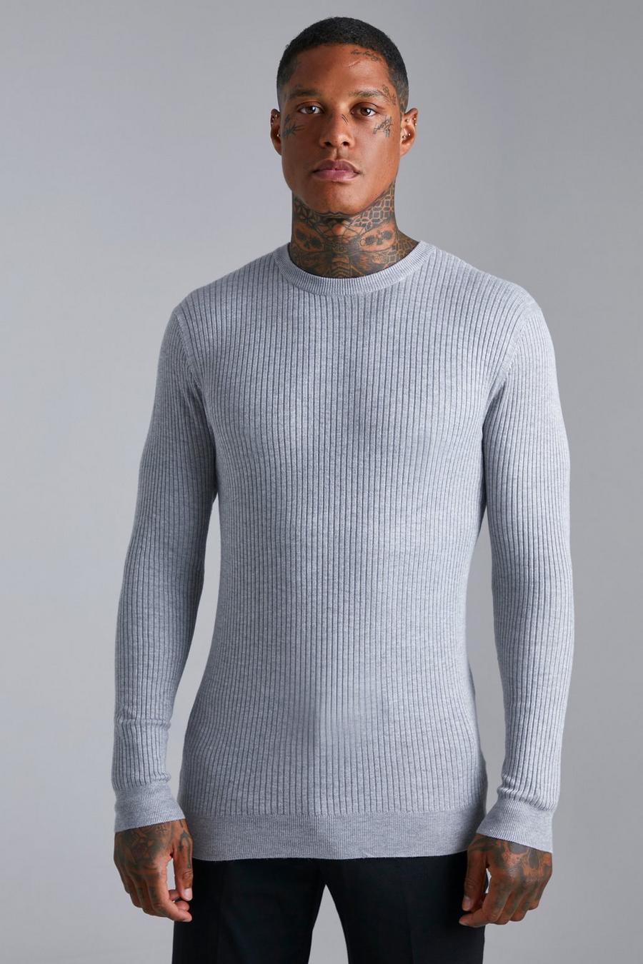 Grey marl Muscle Crew Neck Ribbed Jumper image number 1