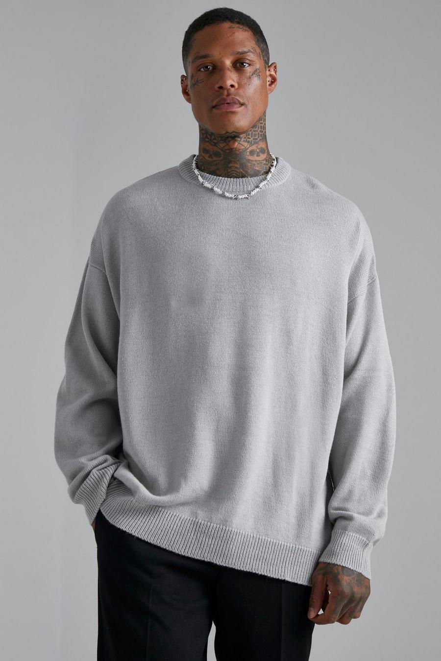 Grey marl grå Oversize stickad tröja med rund hals image number 1