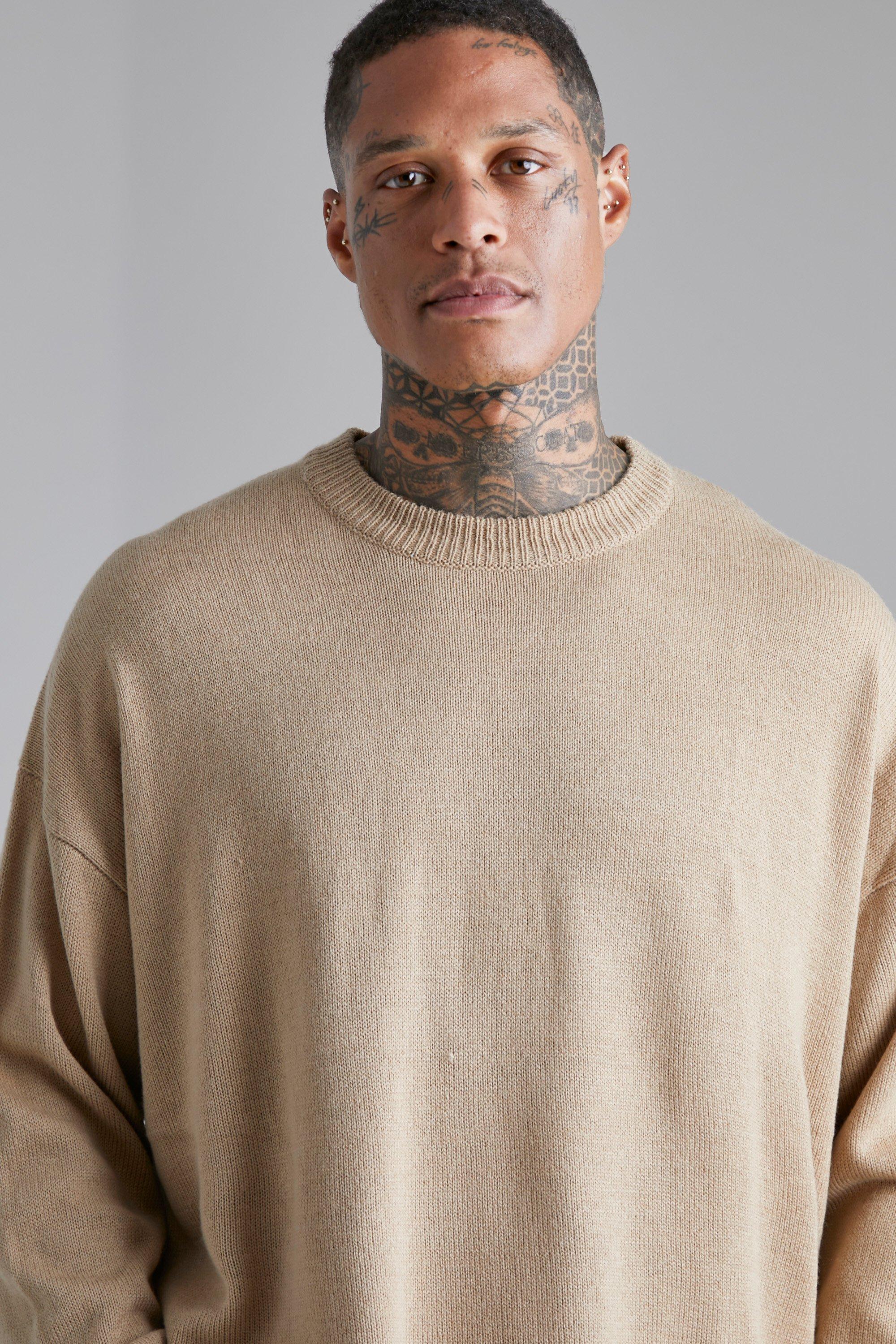 Beige crew shop neck sweater mens