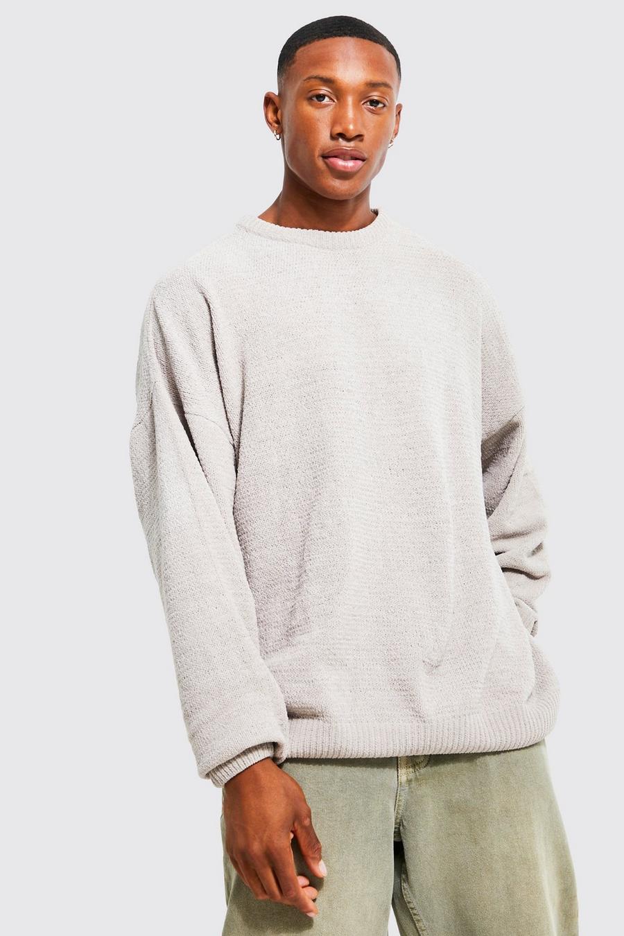 Taupe Oversized Chenille Crew Neck Sweater image number 1