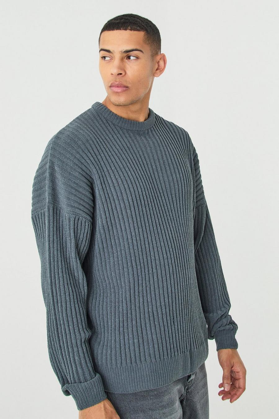 Gerippter Oversize Rundhals-Pullover, Charcoal