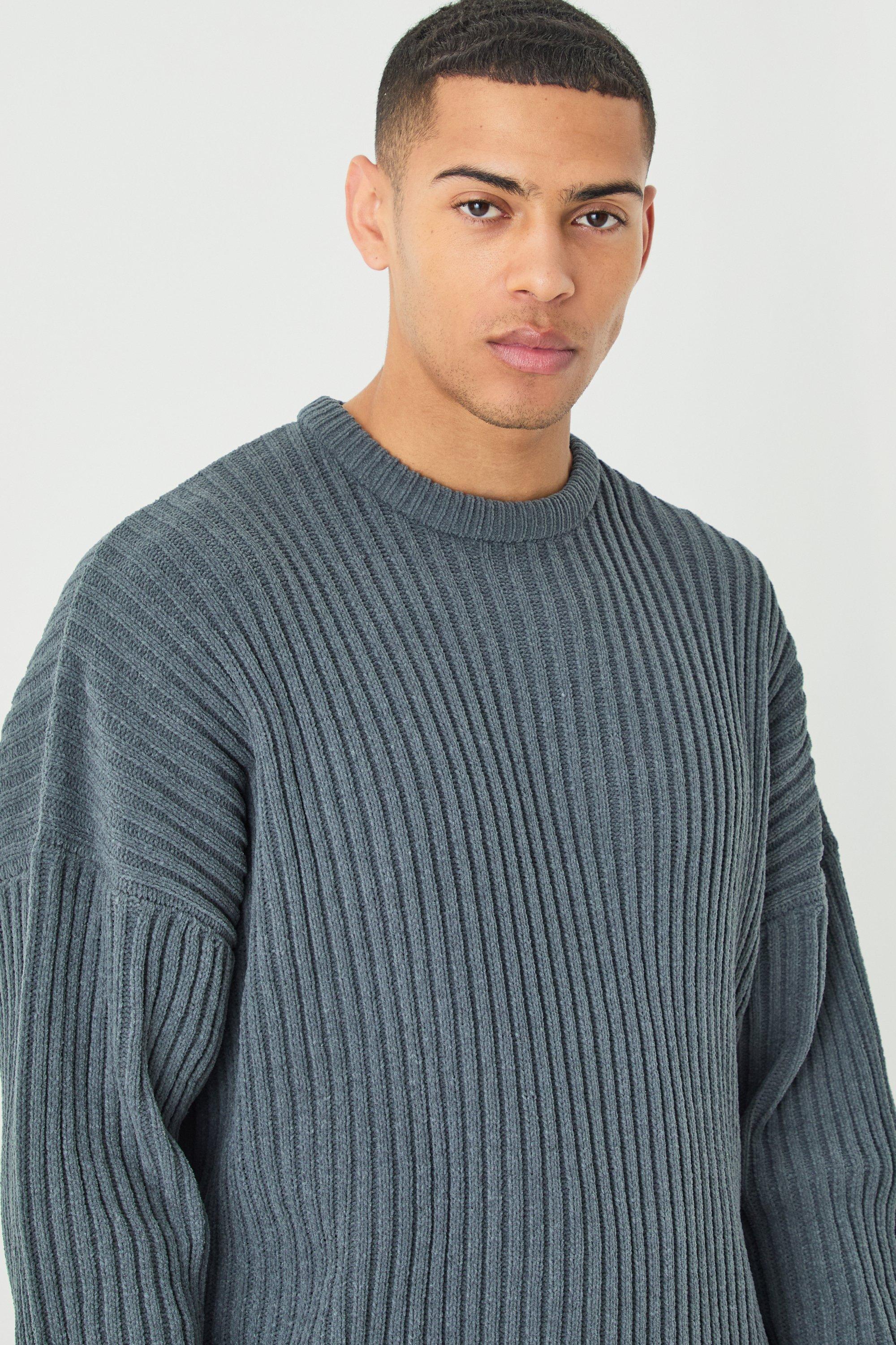 Men s Oversized Ribbed Chenille Crew Neck Jumper Boohoo UK