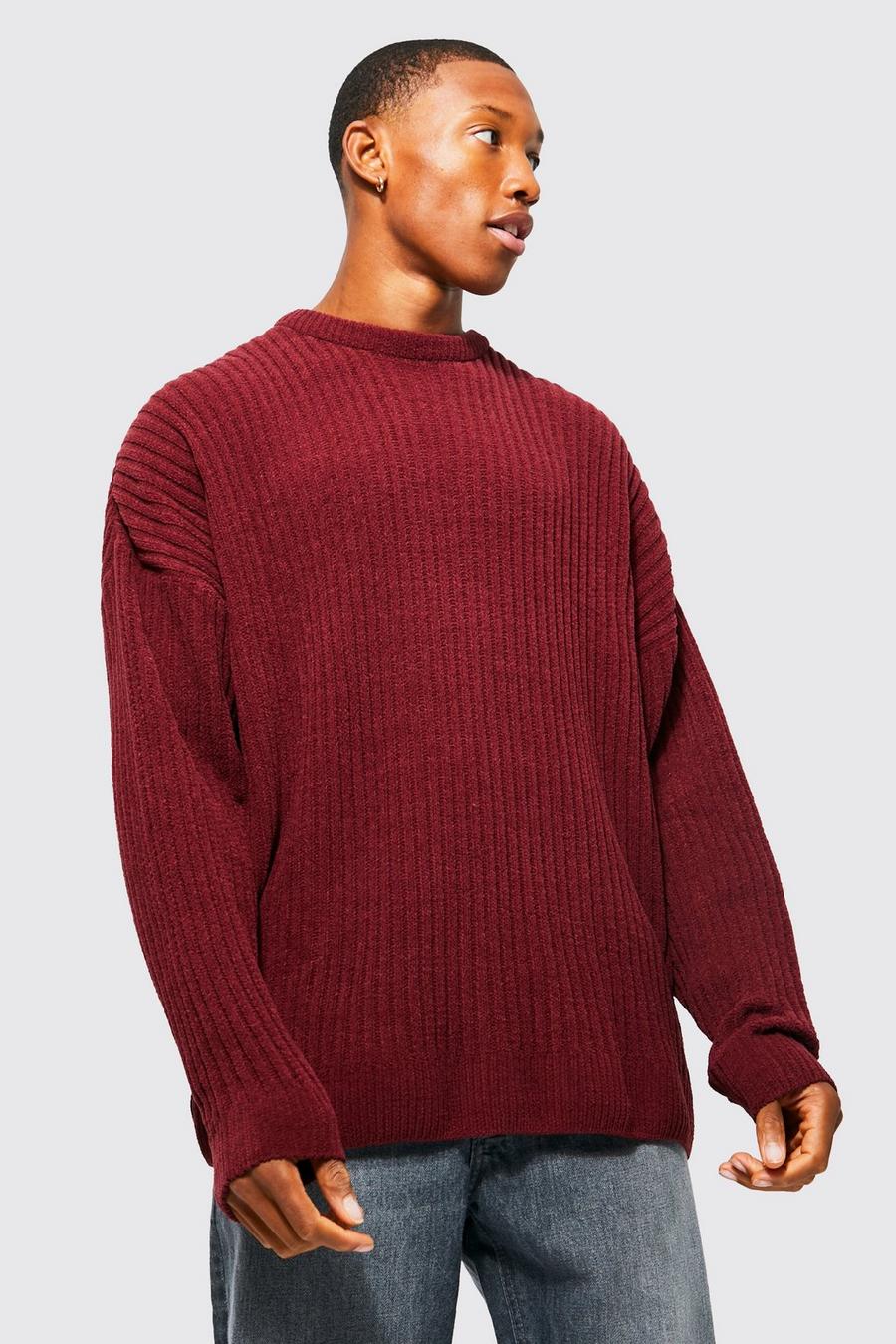 Burgundy red Oversized Ribbed Chenille Crew Neck Jumper image number 1