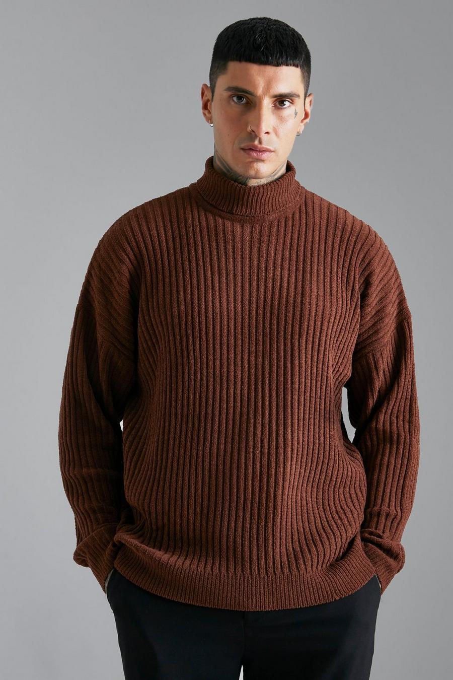 Chocolate brown Oversized Roll Neck Chenille Ribbed Jumper image number 1