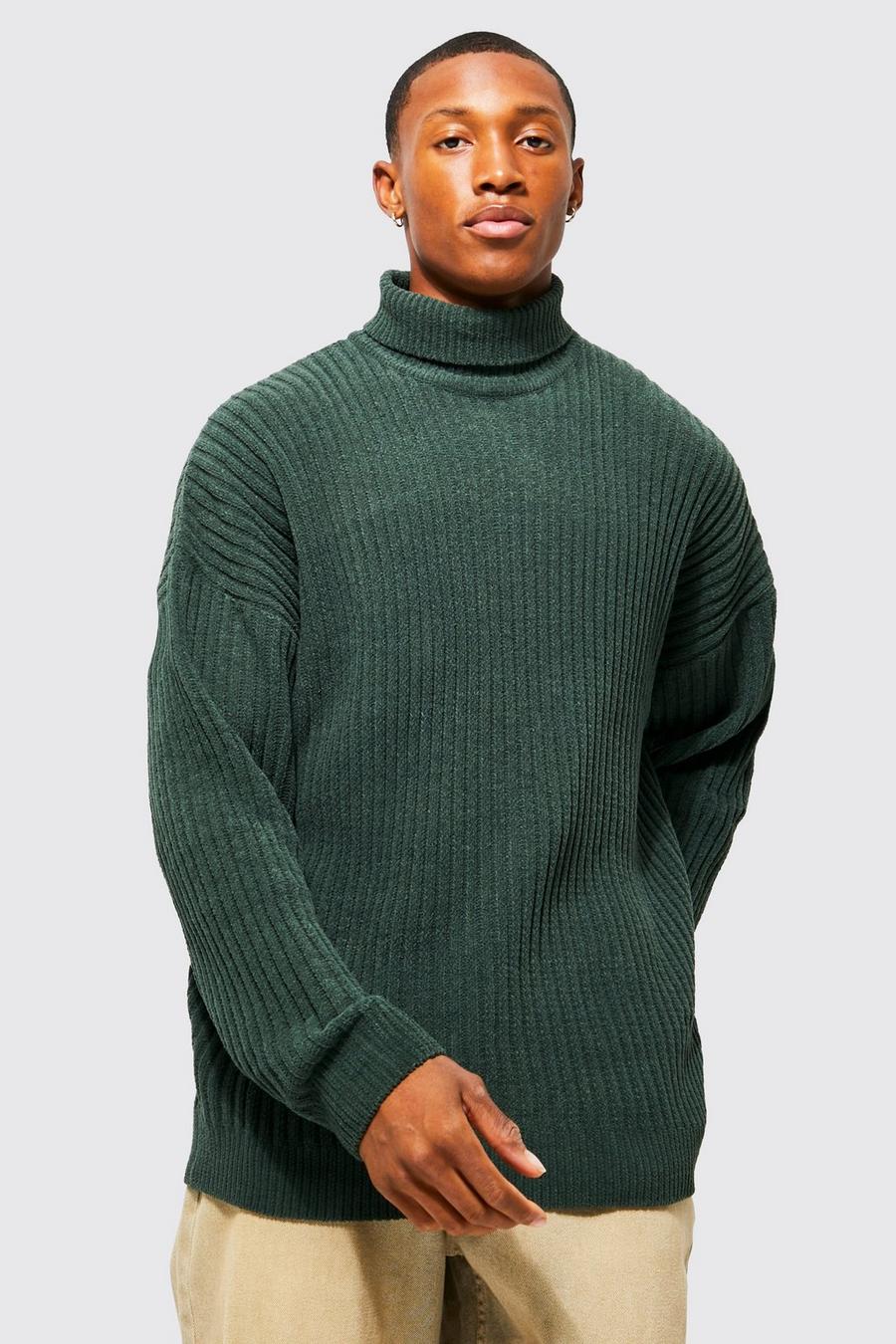 Green Oversized Roll Neck Chenille Ribbed Jumper image number 1