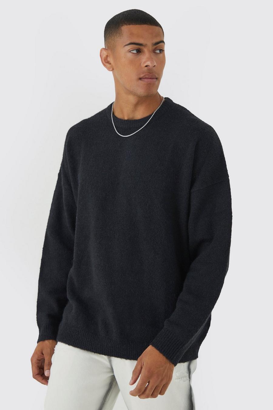 Black Oversized Brushed Yarn Crew Neck Sweater