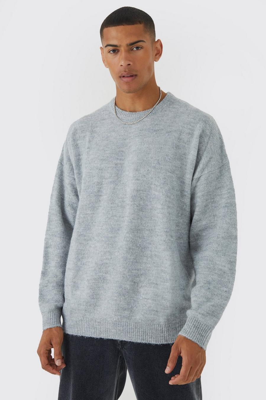 Grey marl Oversized Brushed Yarn Crew Neck Sweater
