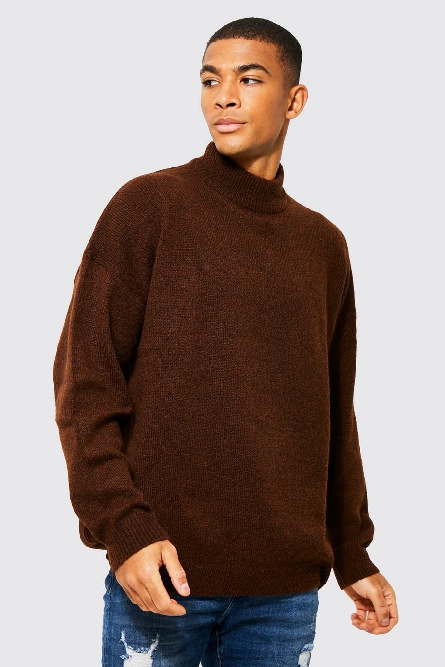 Chocolate brun Oversized stickad tröja med hög hals image number 1