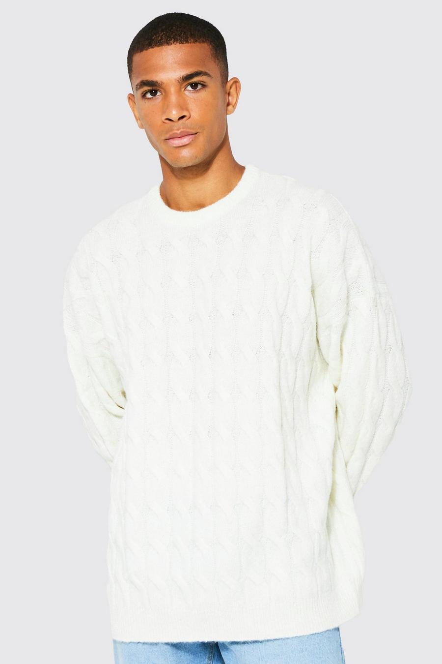 Cream white Oversized Cable Brushed Yarn Knitted Jumper