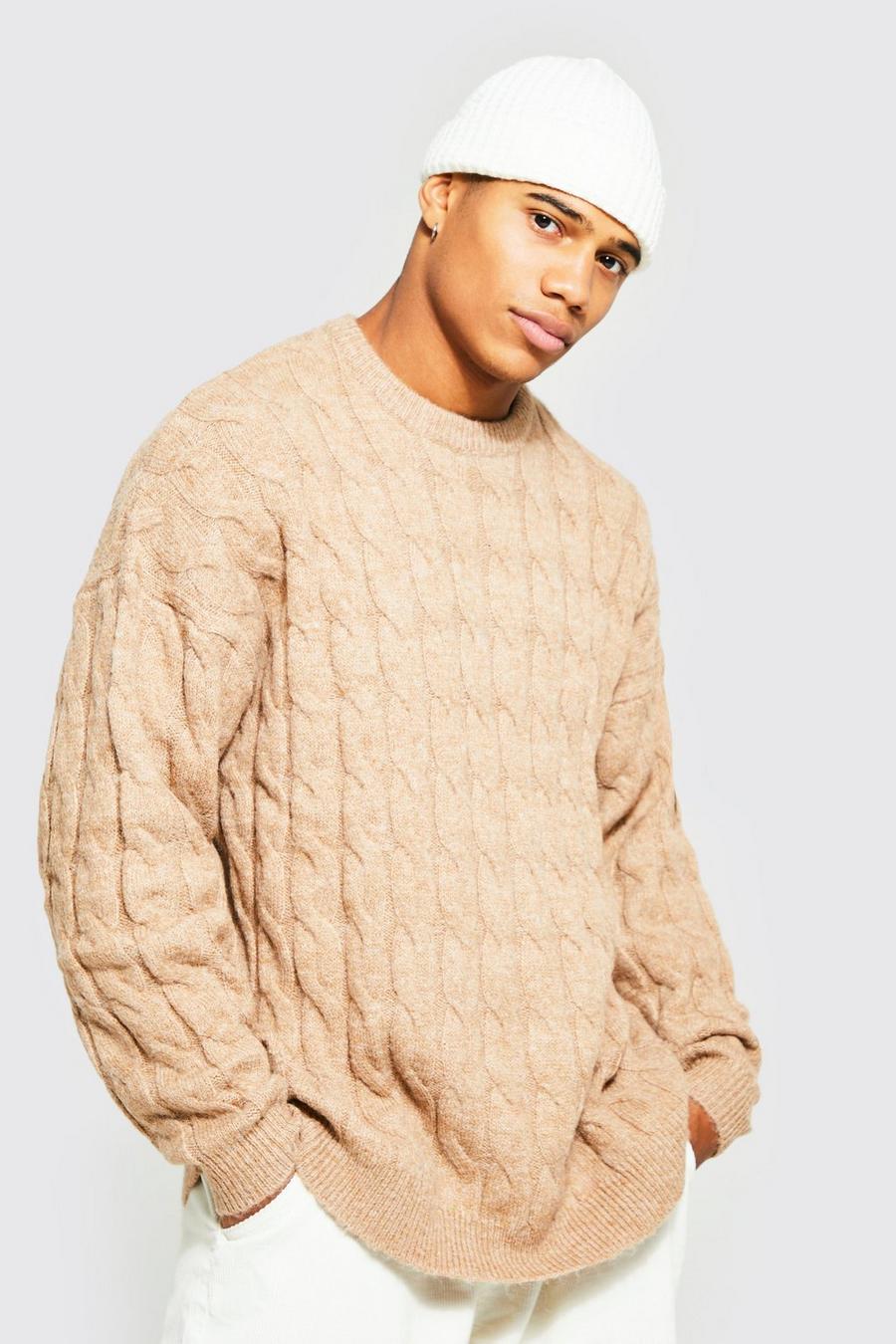 Camel Oversized Cable Brushed Yarn Knitted Jumper image number 1