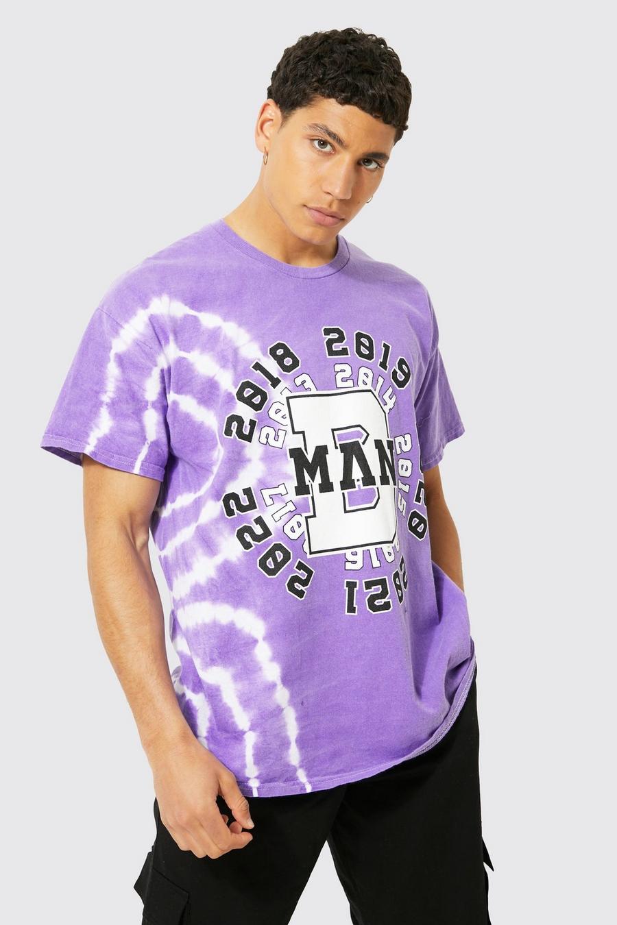 Camiseta oversize con estampado gráfico MAN y desteñido anudado, Purple viola image number 1