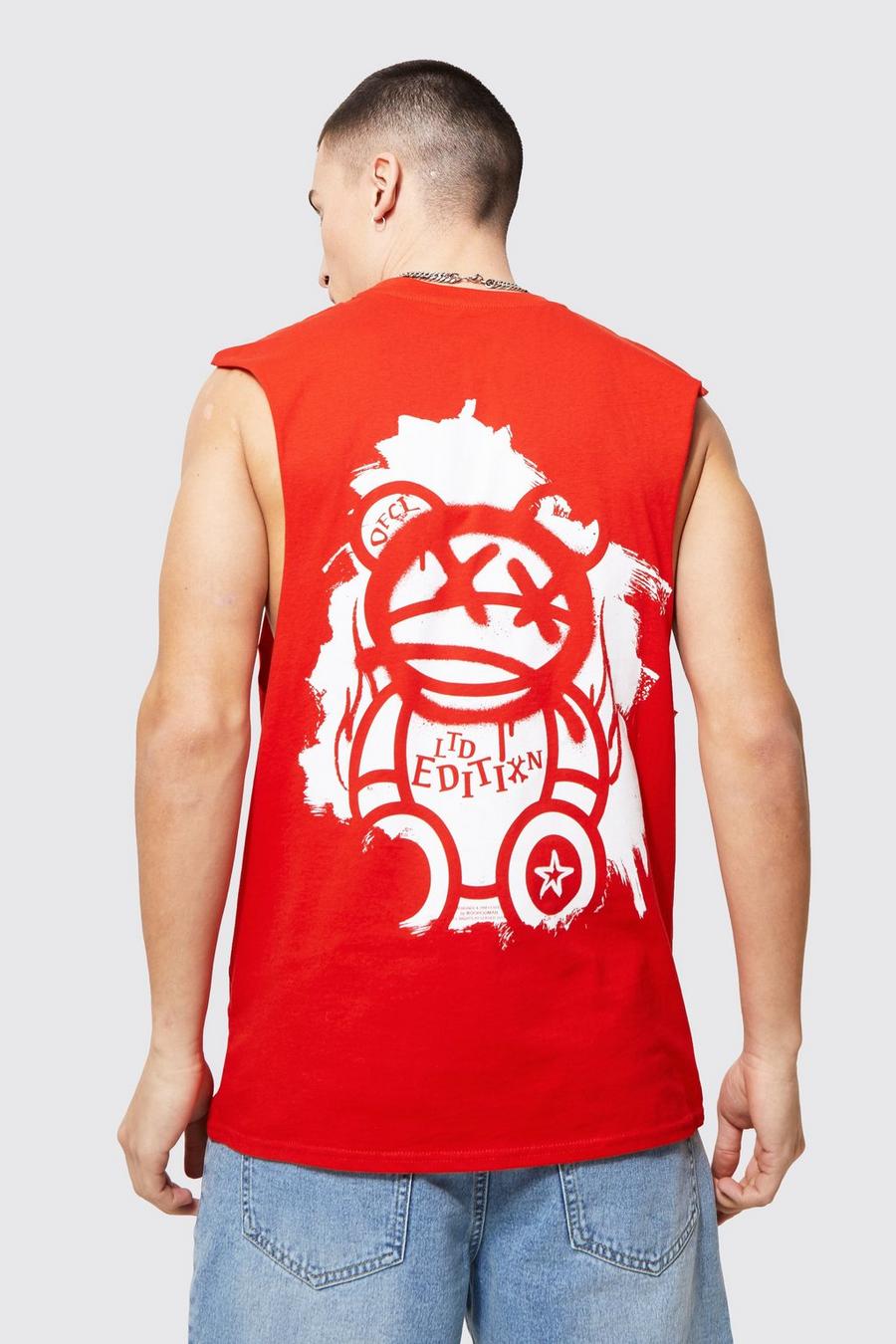 Red Spray Teddy Back Graphic Drop Armhole Tank image number 1