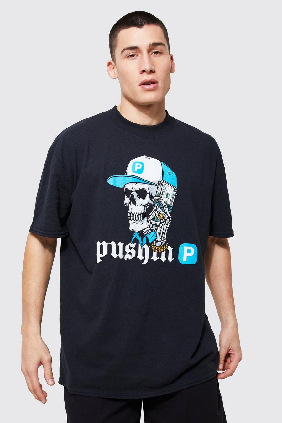 Black Oversized Extended Neck Skull Graphic T-shirt image number 1