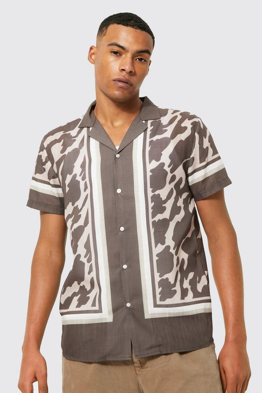 Brown Slub Overhemd Met Dierenprint Zoom En Revers Kraag image number 1