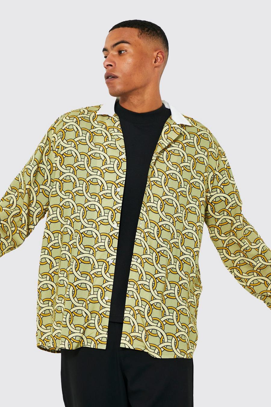 Camisa oversize de viscosa y manga larga con estampado geométrico, Yellow giallo