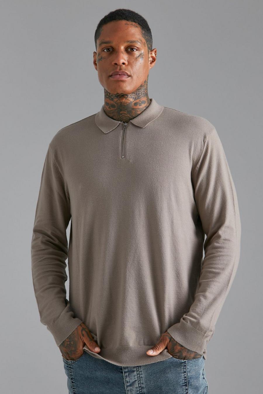 Taupe beige Half Zip Long Sleeve Oversized Polo image number 1