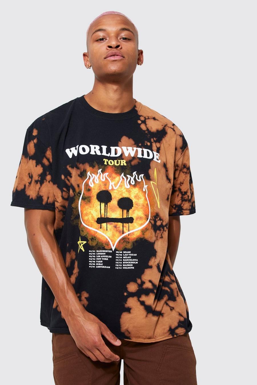 Brown Oversize batikmönstrad t-shirt med eldsflammor och droppande tryck image number 1