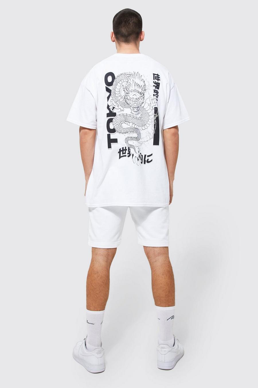 White Oversized Dragon Print T-shirt And Short Set