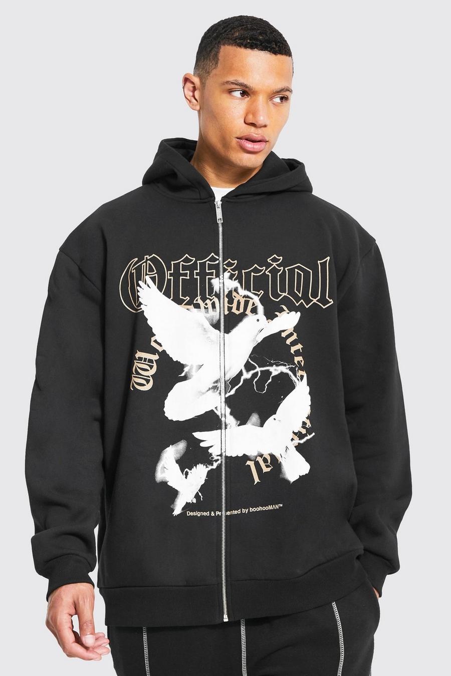 Black Tall Dove Graphic Zip Through Hoodie image number 1