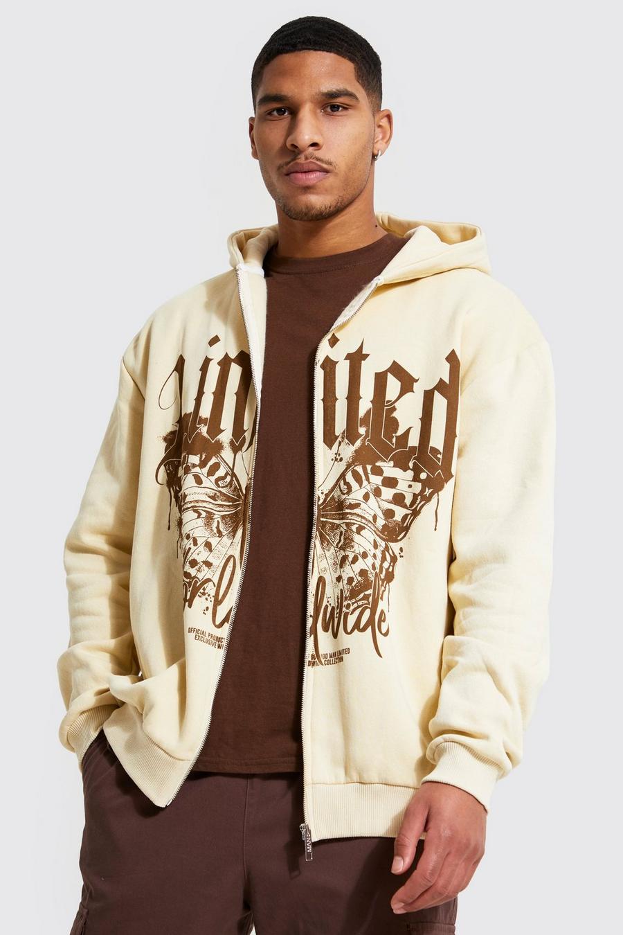 Sand Tall Butterfly Graphic Zip Through Hoodie image number 1