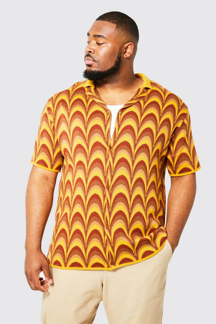 Camicia Plus Size in maglia in jacquard con colletto e rever, Yellow image number 1