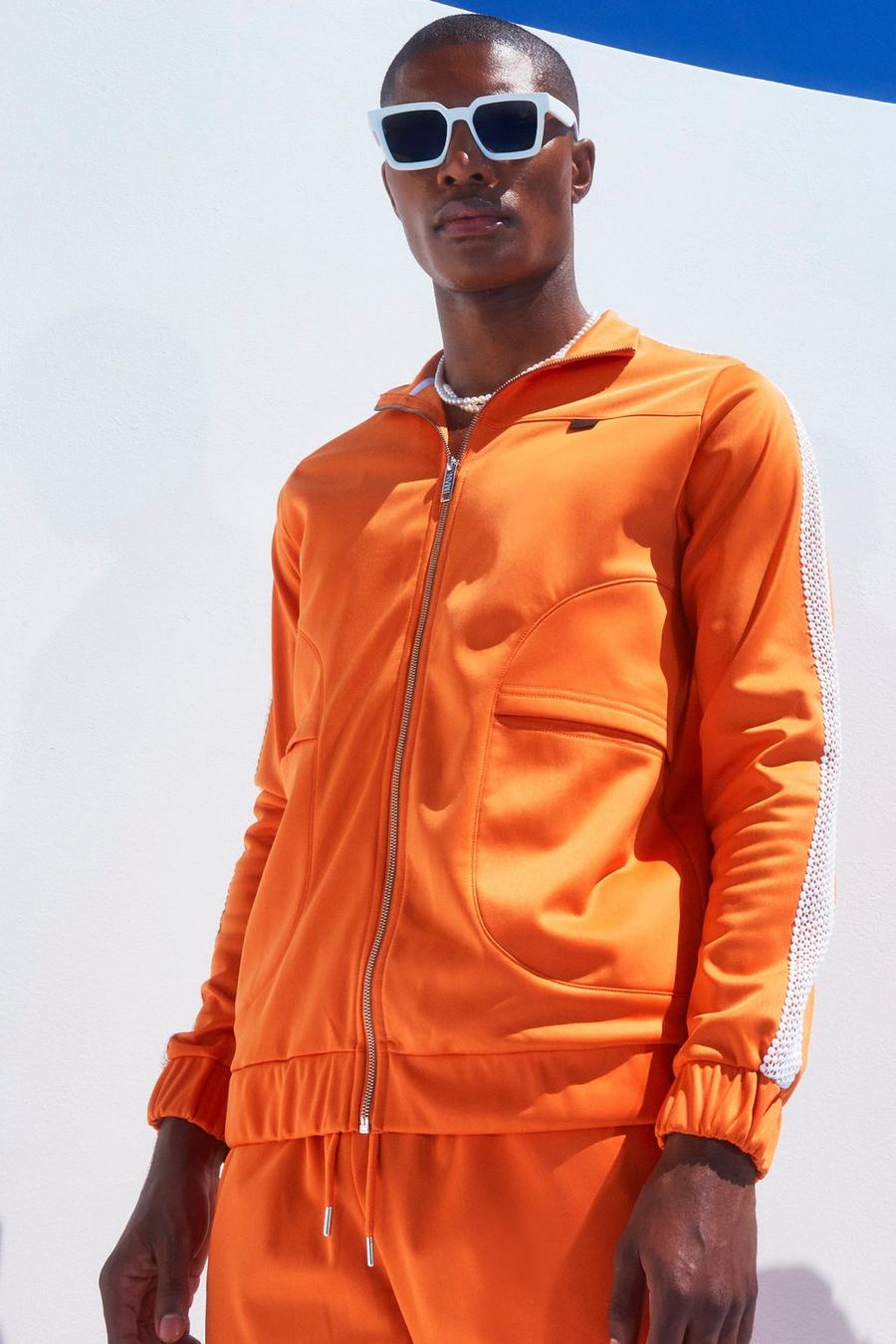 Trikot-Jacke mit Trichterkragen und Streifen-Detail, Orange