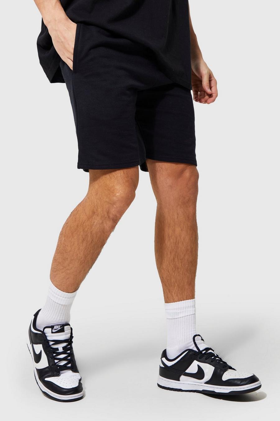 Black Slim Fit Mid Length Borg Shorts