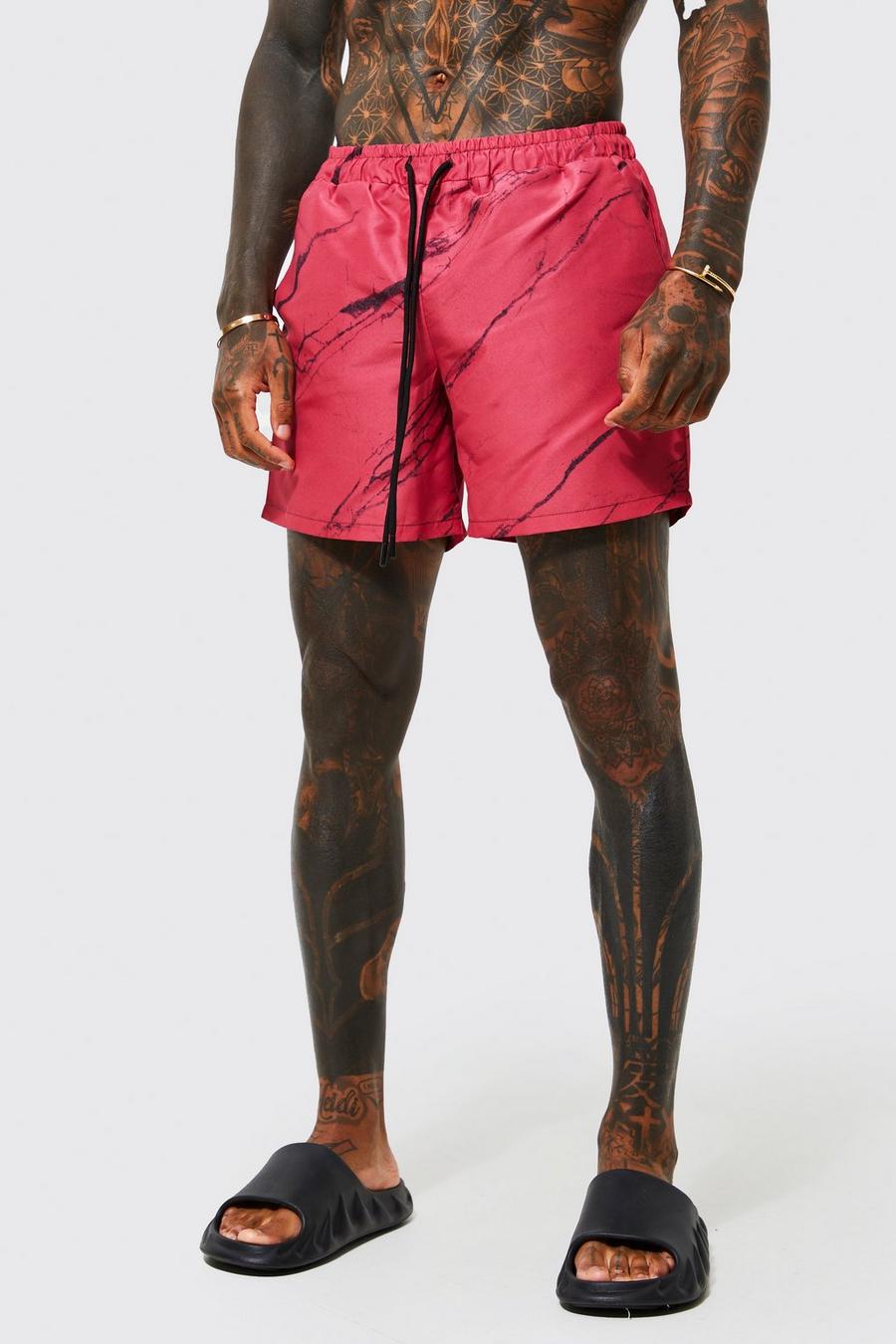 Red Mid Length Marble Swim Shorts image number 1