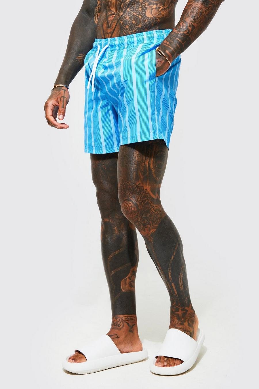 Blue Mid Length Striped Swim Shorts image number 1