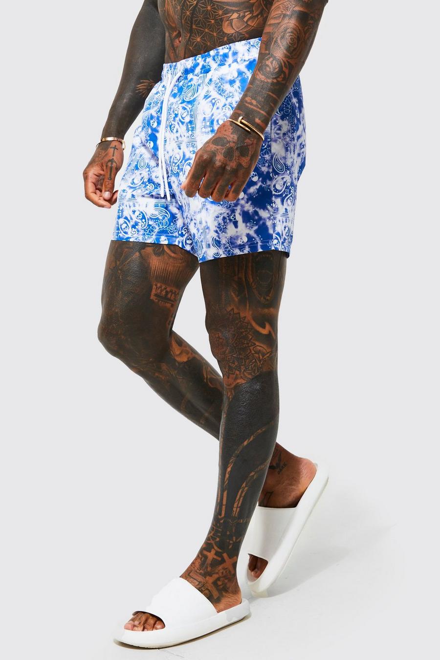 Blue Mid Length Tie Dye Bandana Swim Shorts