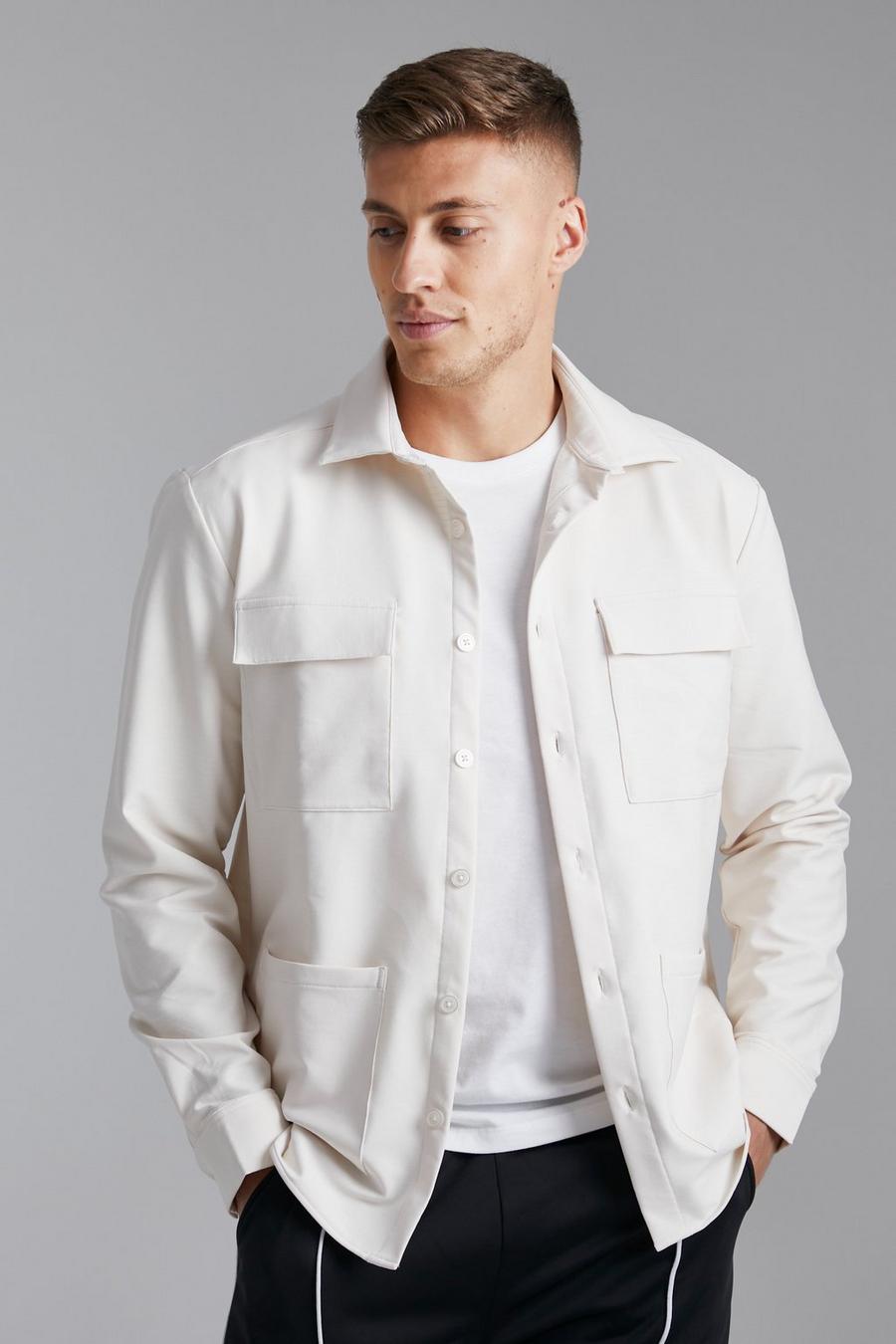 Ecru blanc Nylon Stretch Overhemd Met Zakken
