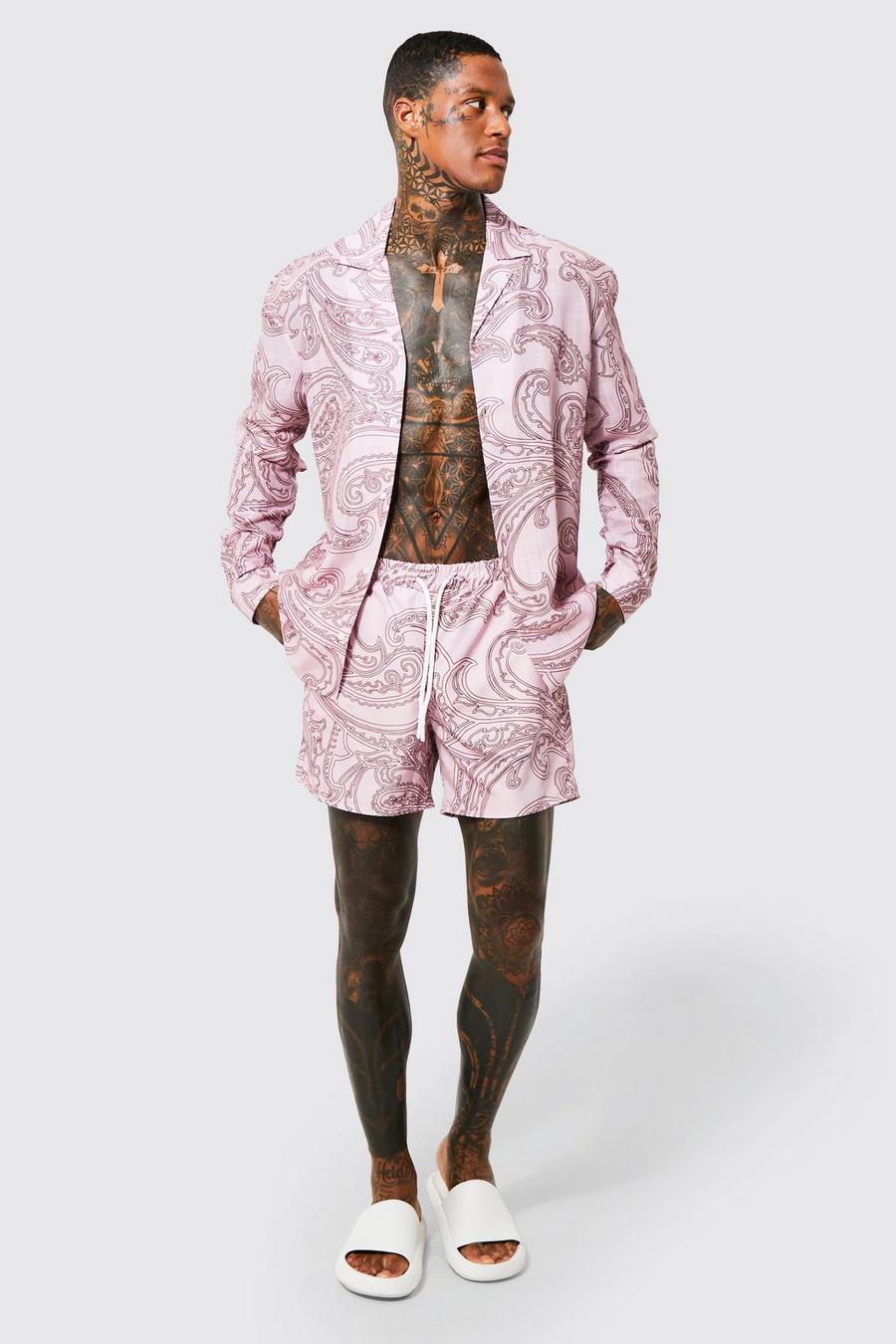 Strukturiertes Oversize Hemd und Badehose mit Paisley-Print, Light pink image number 1