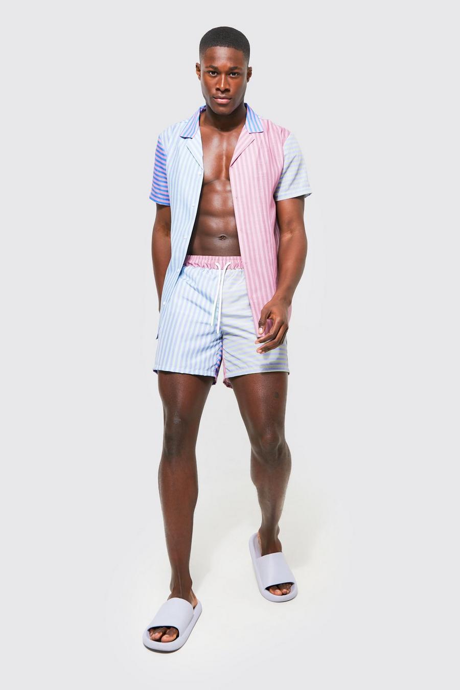 Multi Textured Spliced Stripe Shirt And Swim Set image number 1