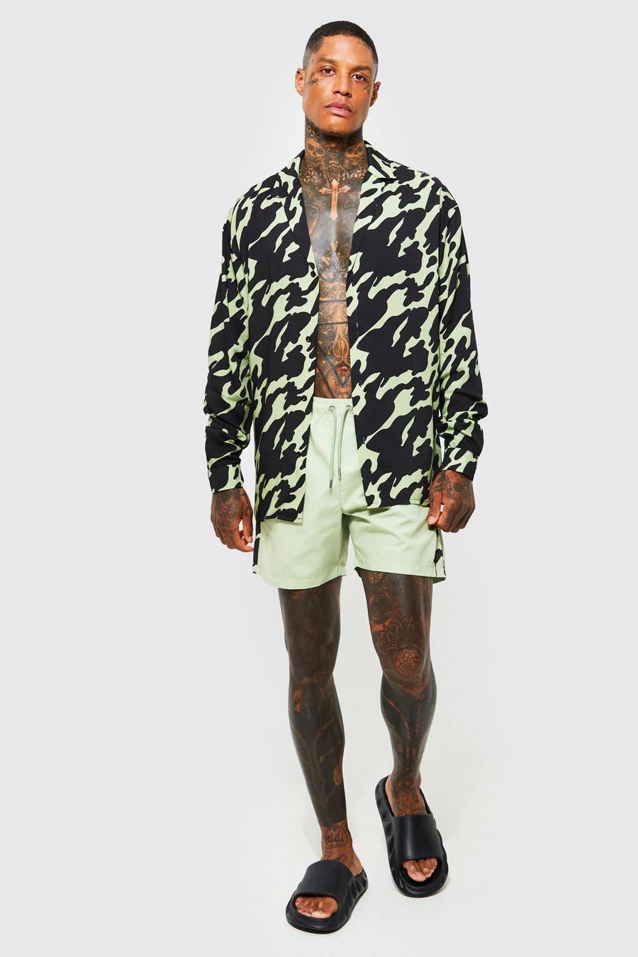 Light green Dropped Revere Animal Print Viscose Shirt And Swim Set image number 1