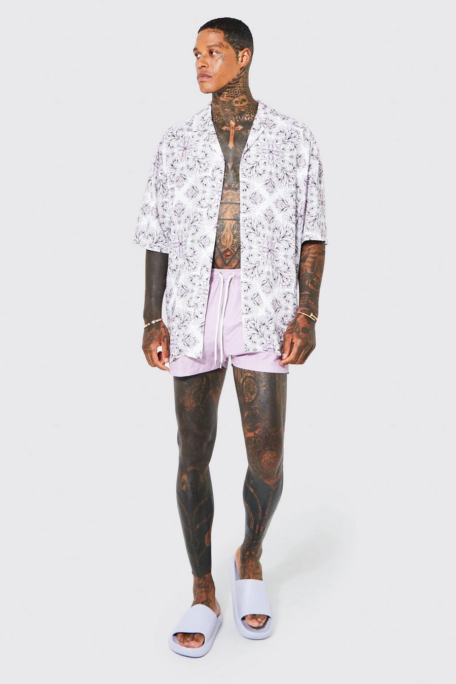 Lilac Oversized Boxy Viscose Floral Shirt And Swims