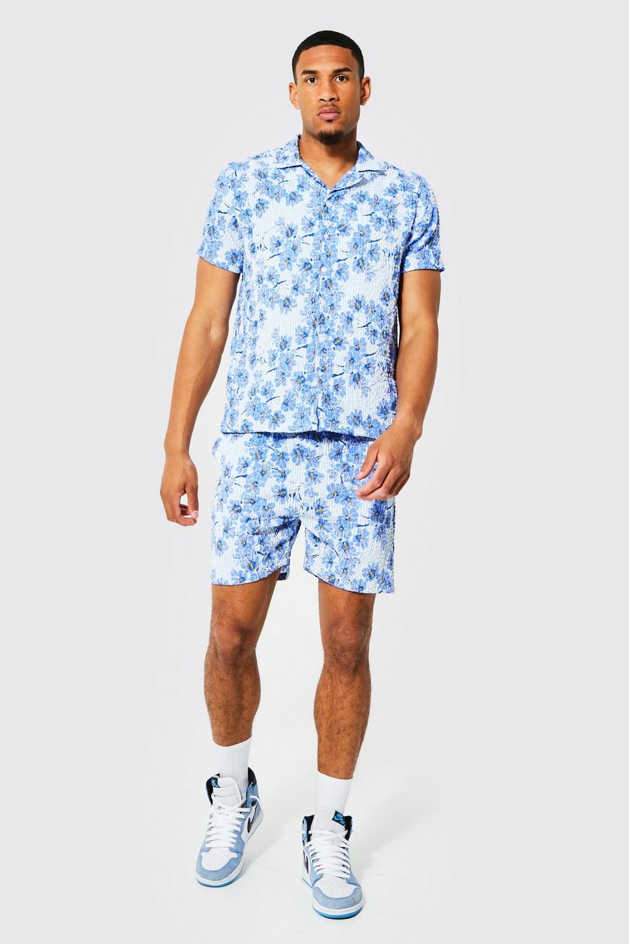 Blue Tall Seersucker Bloemen Overhemd En Shorts Set image number 1