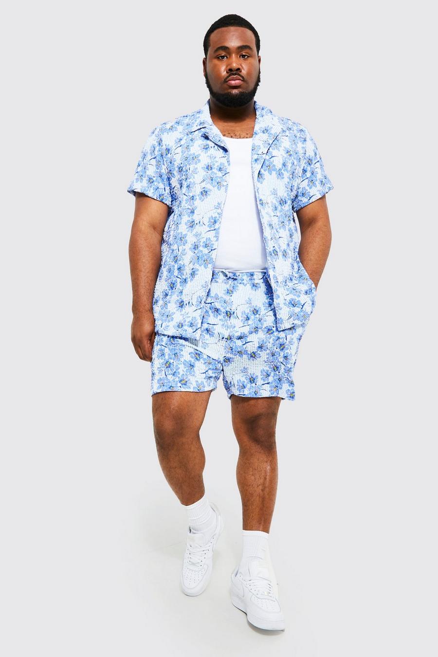 Blue Plus Floral Seersucker Shirt And Shorts Set