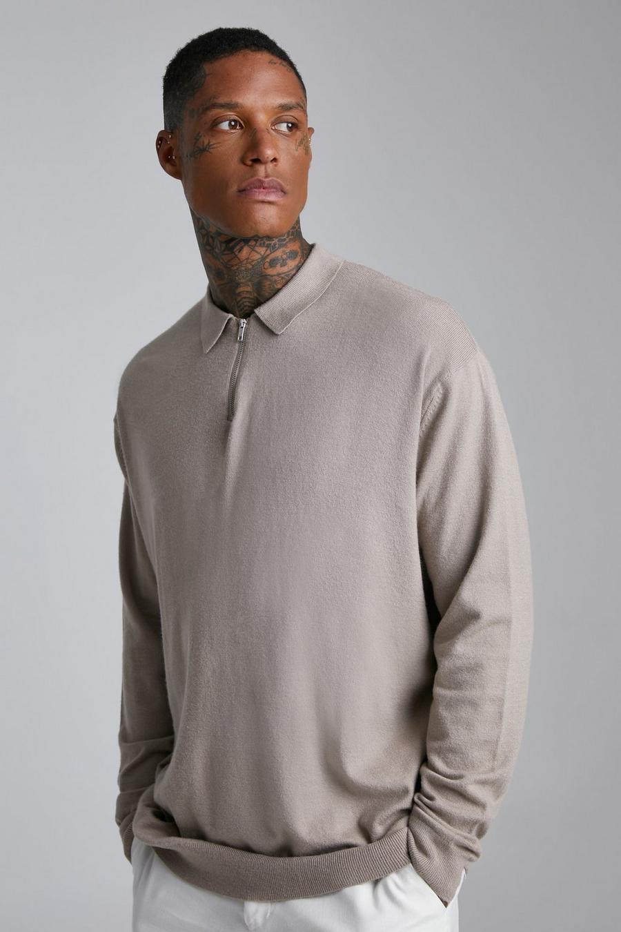 Taupe Half Zip Long Sleeve Oversized Polo image number 1