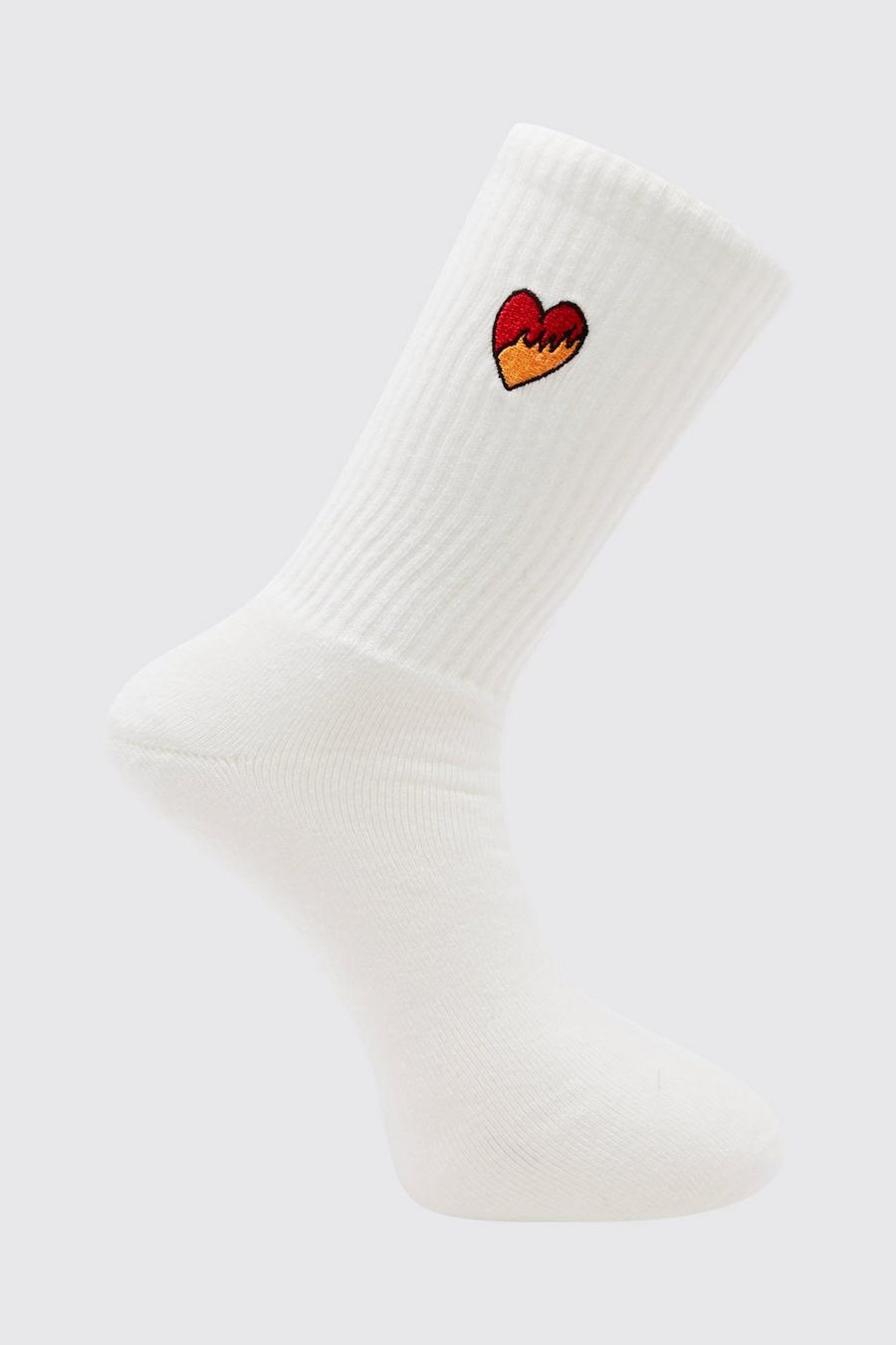 1 Pack Embroidery Love Heart Flames Sock, Ecru image number 1