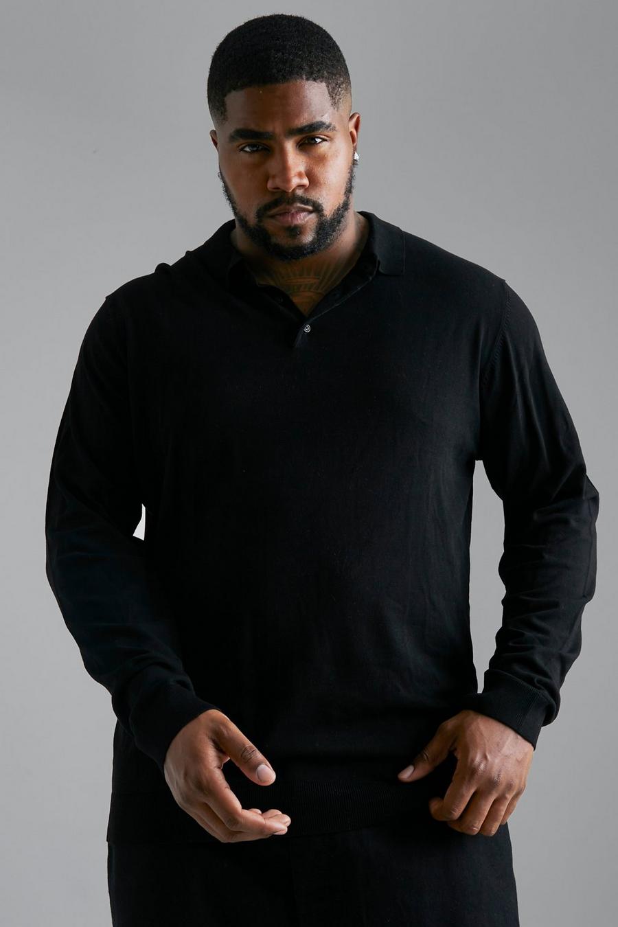 Black Plus Long Sleeve Knitted Polo image number 1