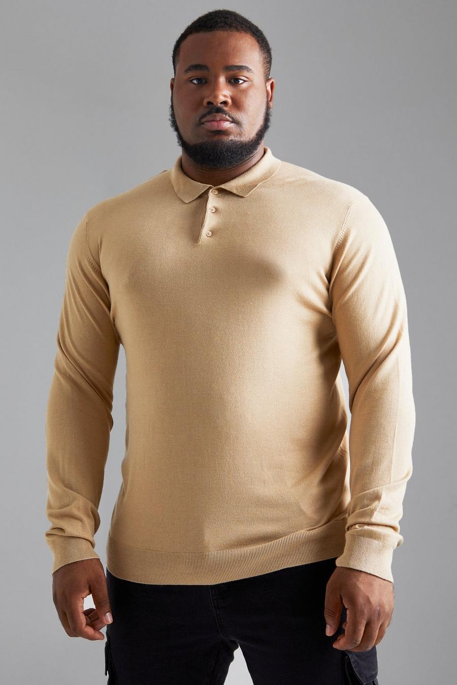 Camel Plus Long Sleeve Knitted Polo image number 1