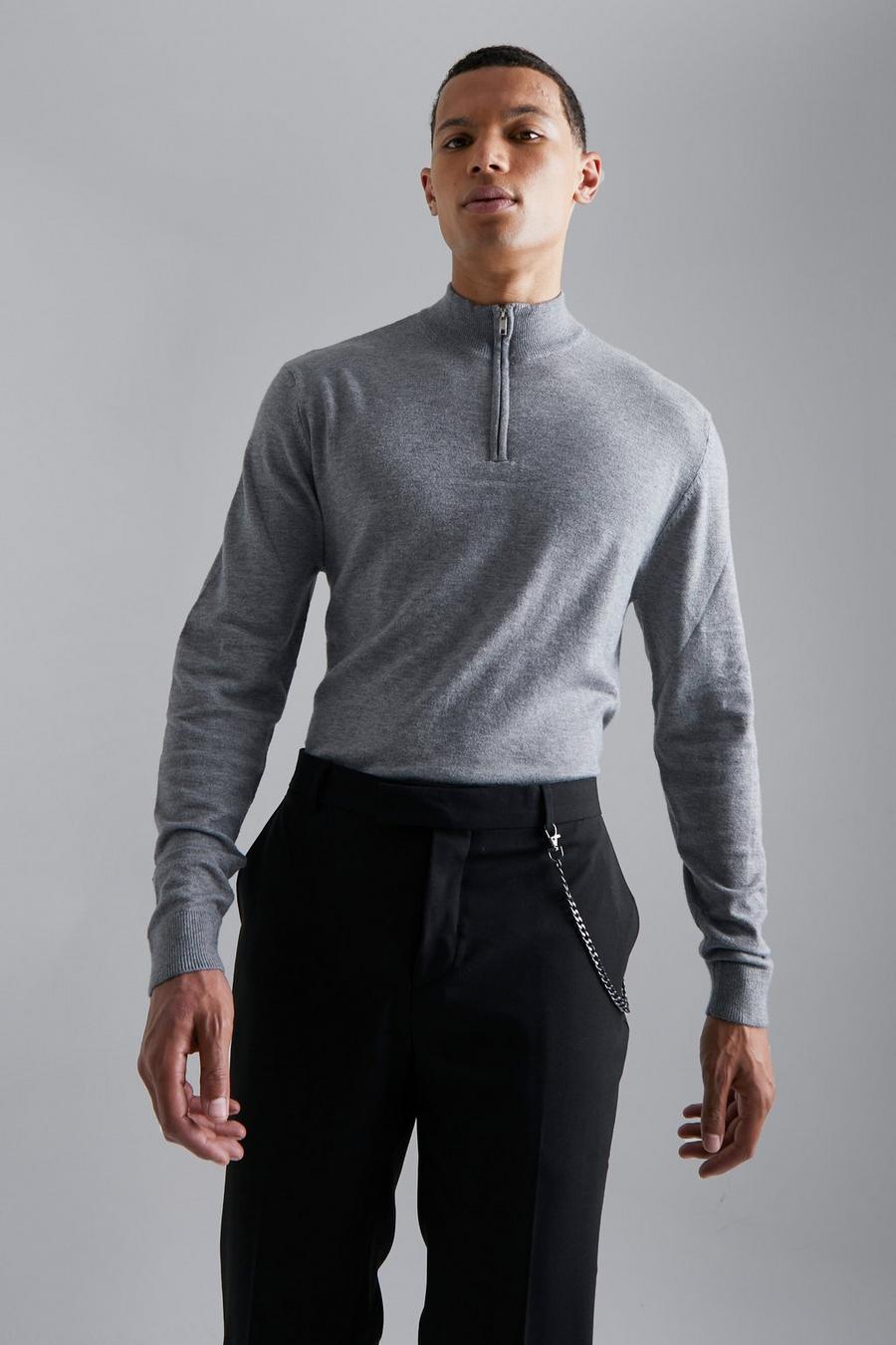 סלע אפור grey סוודר עם צווארון משפך ורוכסן חלקי, לגברים גבוהים