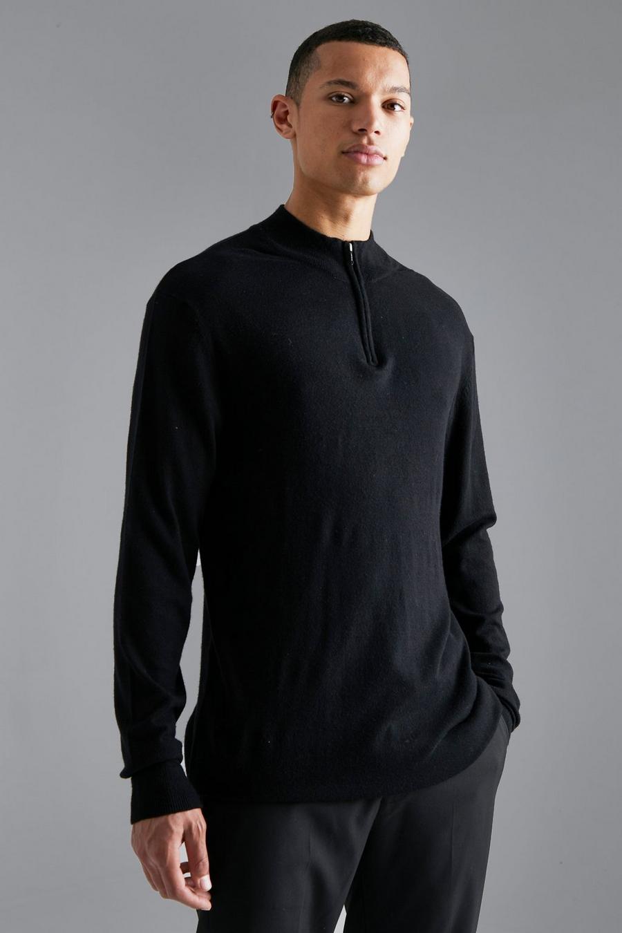 Black Tall Stickad tröja med kort dragkedja image number 1