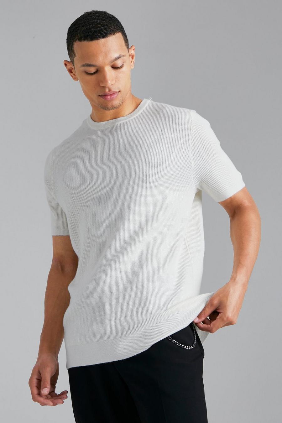 Cream vit Tall Textured Knitted T-Shirt